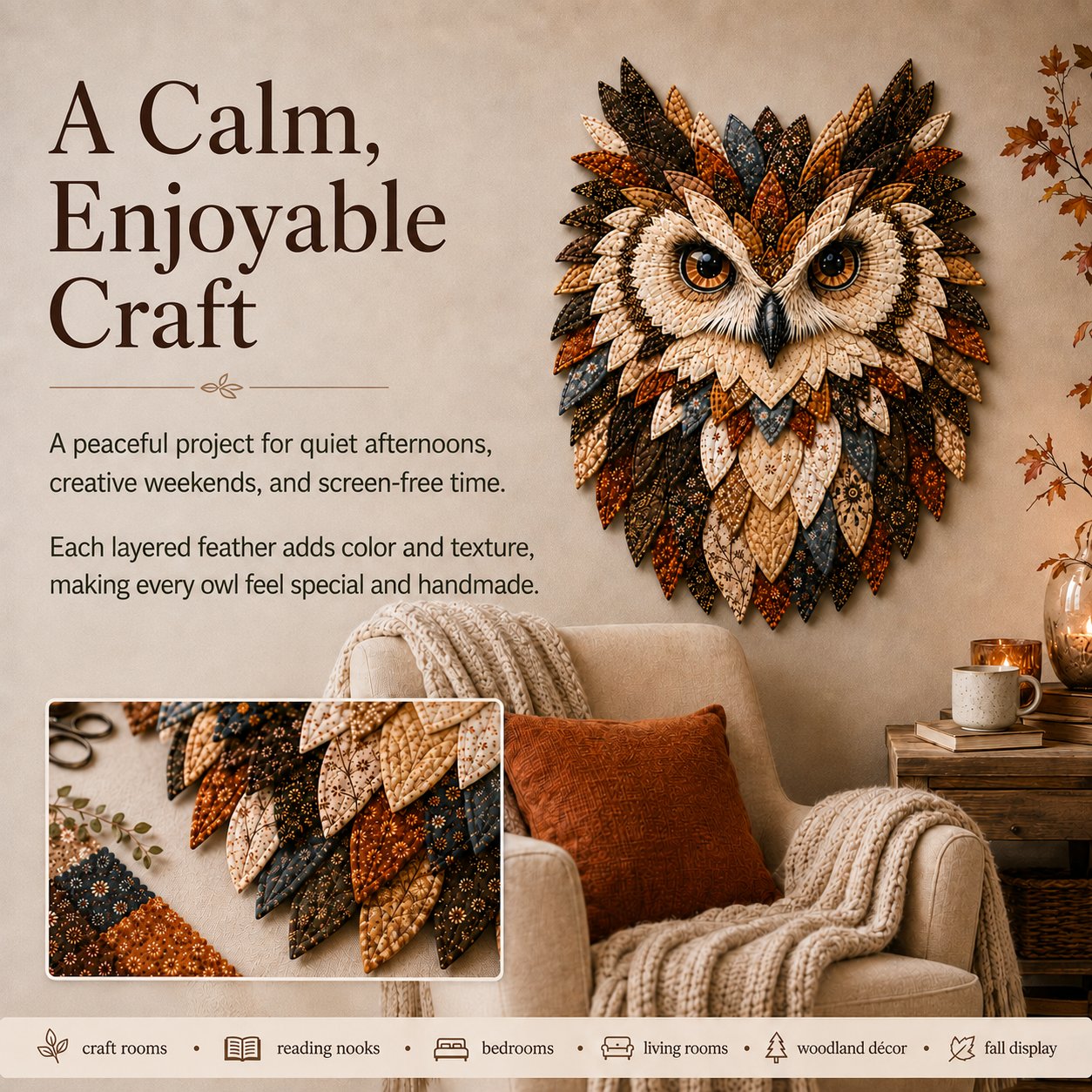💥 LAST DAY 49% OFF - 🦉 Layered Fabric Owl Wall Art DIY Kit – Relaxing Craft, Beautiful Results (📦Buy 2 Free Shipping)