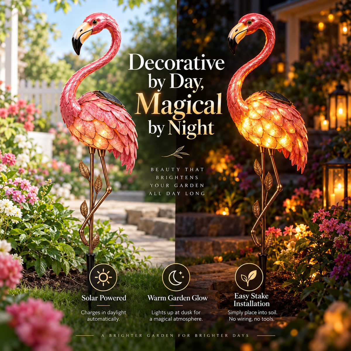 Flamingo solar garden light day and night