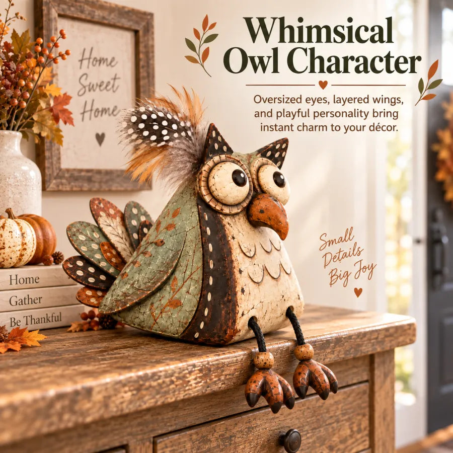 🦉🍂 Rustic Owl Shelf Sitter Decor with Dangling Legs🤎