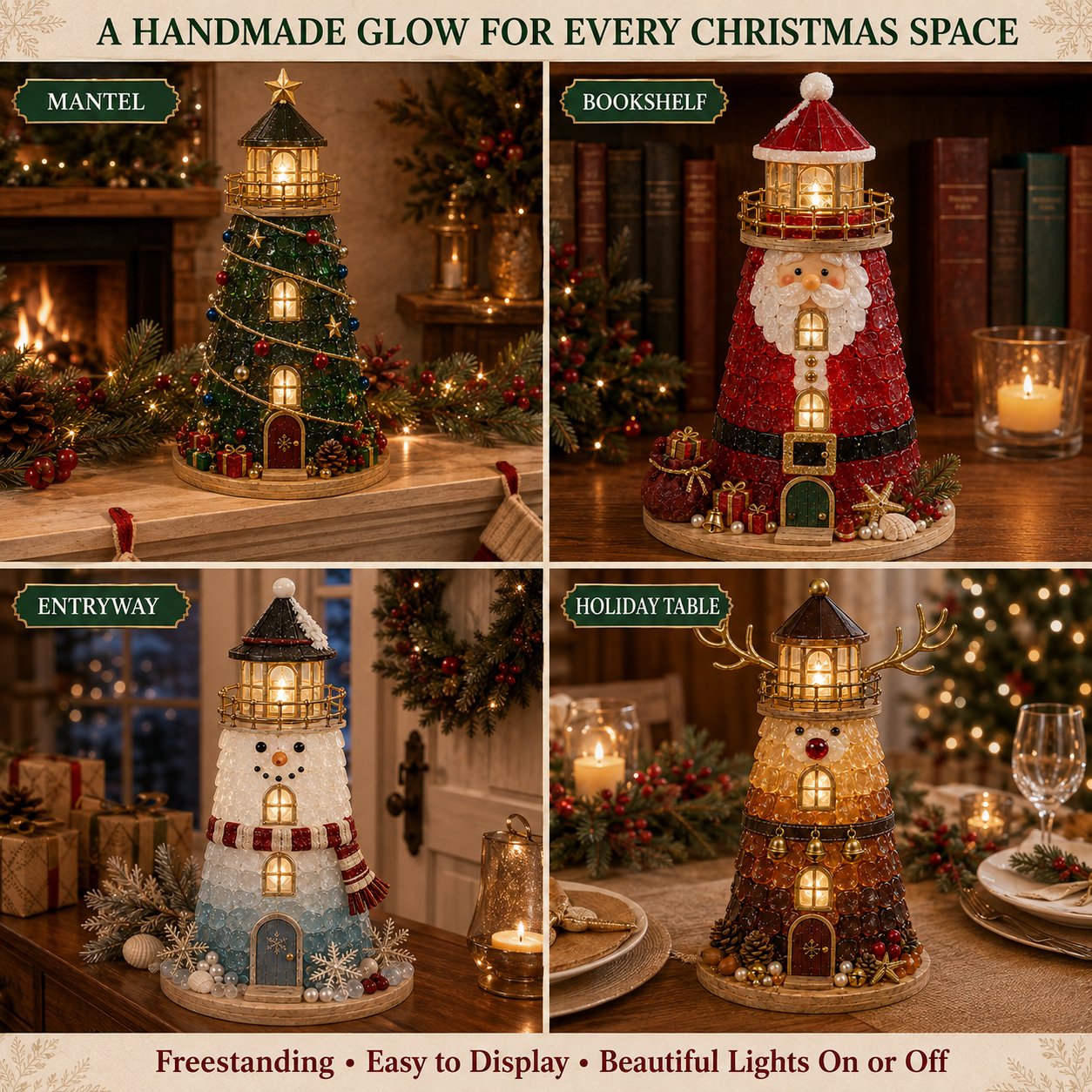 🎄Beginner-Friendly DIY Lighted Christmas Character Sea Glass-Style Lighthouse Kit Collection