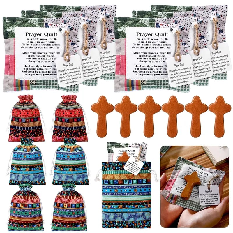 🎁Pocket Prayer Quilt Set | Mini Handmade Prayer Blankets with Cross & Drawstring Bag Christian Gifts✝️