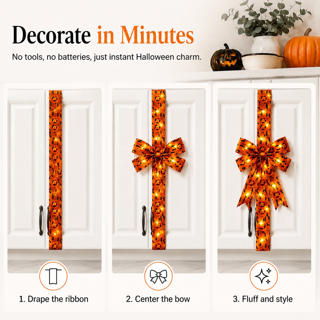 Halloween Cabinet Door Bow Ribbon Decorations - Oversized Pumpkin & Skull Wraps