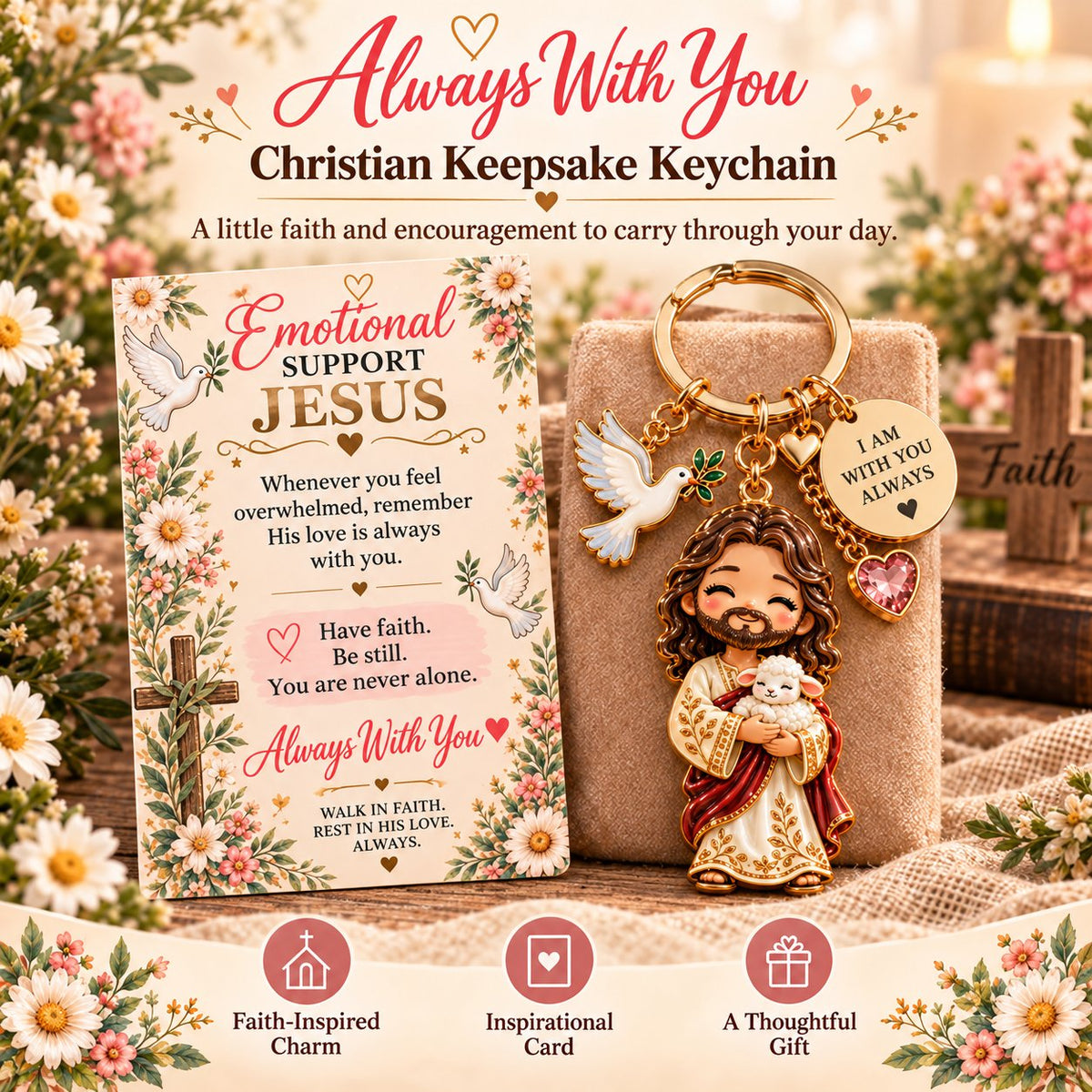 🔥LAST DAY 50% OFF-Emotional Support Jesus Keychain | Always With You Gift Set with Message Card