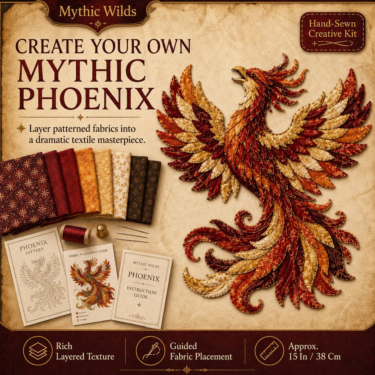 ⏳ Last Day 49% OFF – 🌙 Beginner-Friendly Mythic Wilds DIY Layered Patchwork Art Kit | Complete Kit with Patterned Fabrics, Sewing Materials & Step-by-Step Guide Included 💕