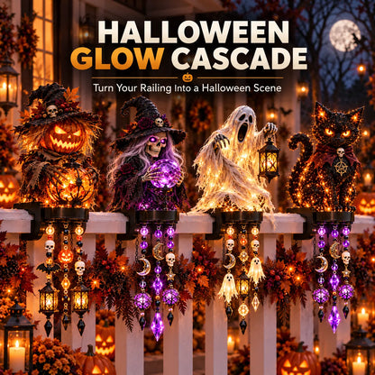 🎃 Halloween Character Glow Cascade Railing Lights – Pumpkin, Witch, Ghost & Black Cat