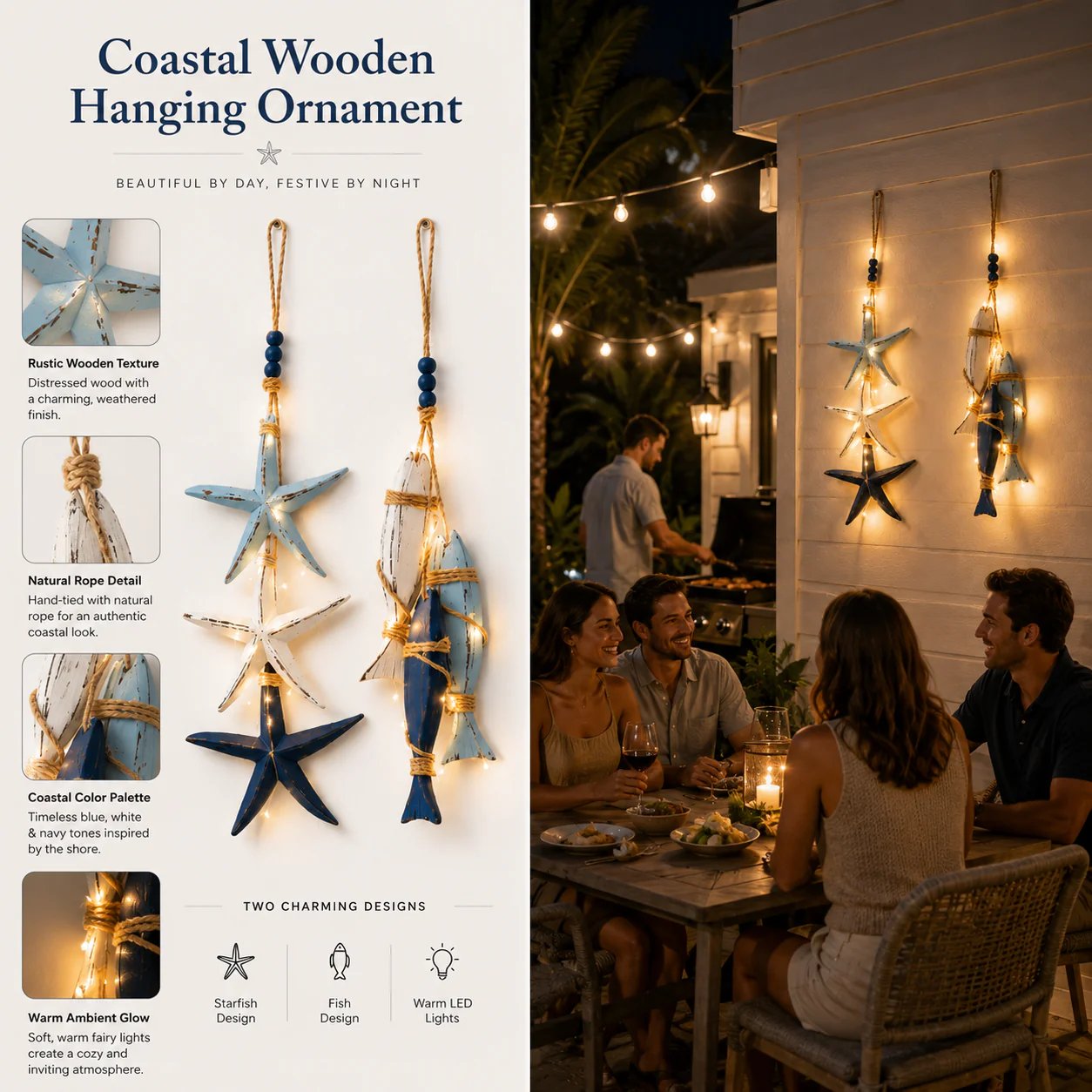 ⭐2026 PROMO CHAUDE🐟🌊Décoration lumineuse murale étoile de mer et poisson en bois style marin