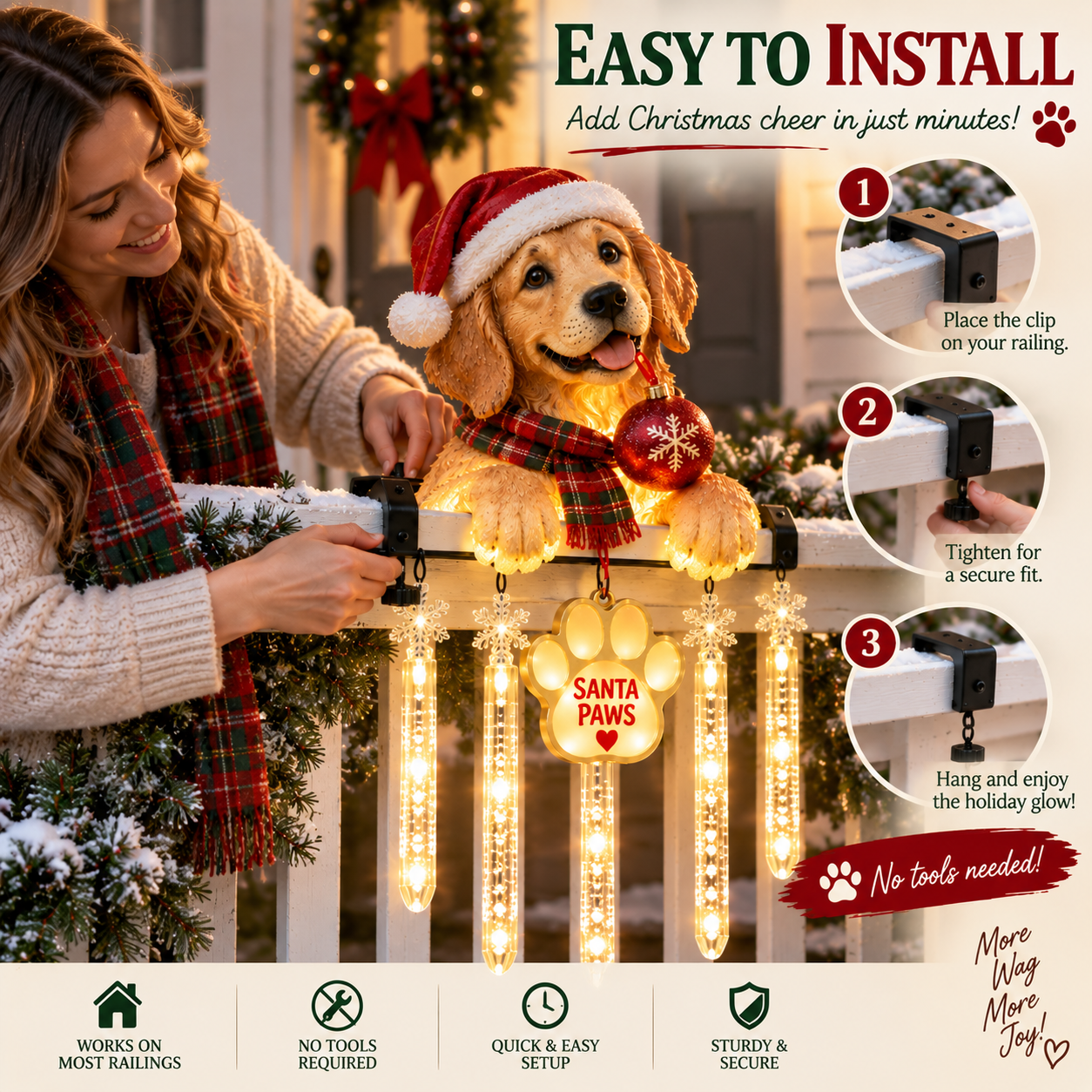 Installing Santa Paws Christmas light on a porch railing