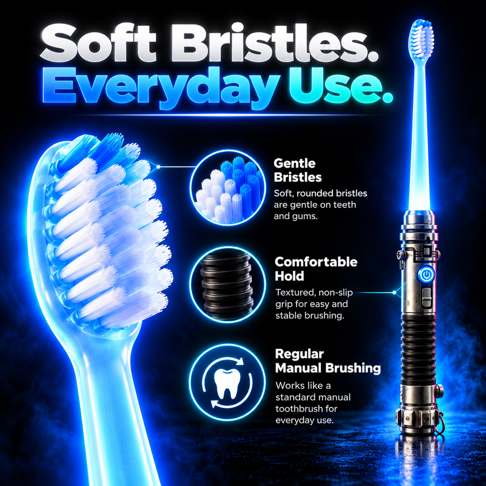 Close-up product details showing the soft bristles and textured handle
