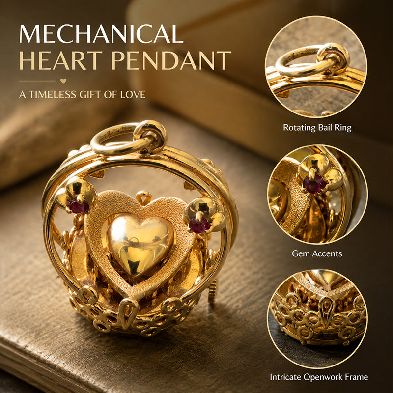 💛 Vintage Gear‑Style Heart Charm Necklace