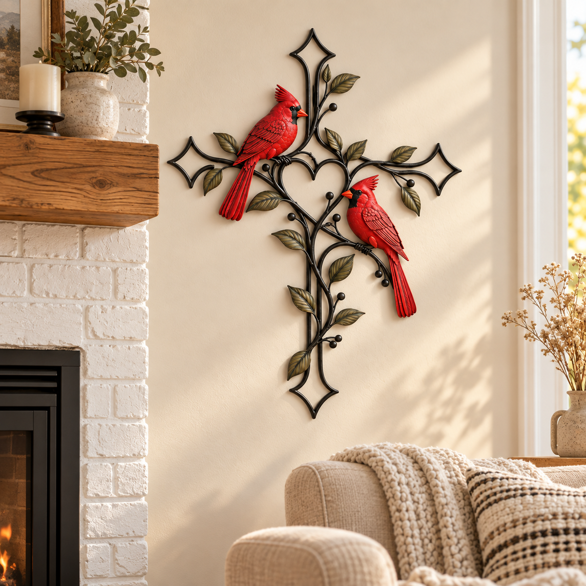 🐦❤️ Love Stays Close – Cardinal Heart Cross Wall Decor