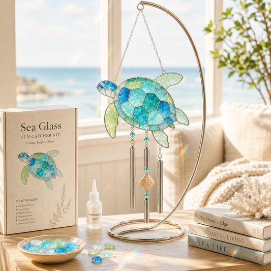Personalized Coastal Glow Sea Glass Suncatcher Wind Chime Kit Collection, Home Decor, Birthday Gift for Ocean Lovers