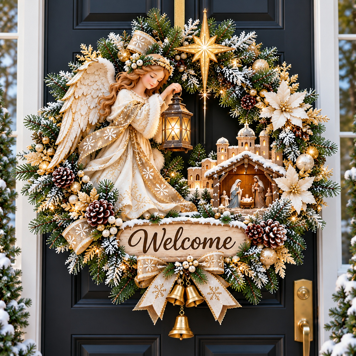 Daytime view of Angel Bethlehem Welcome Nativity wreath on front door