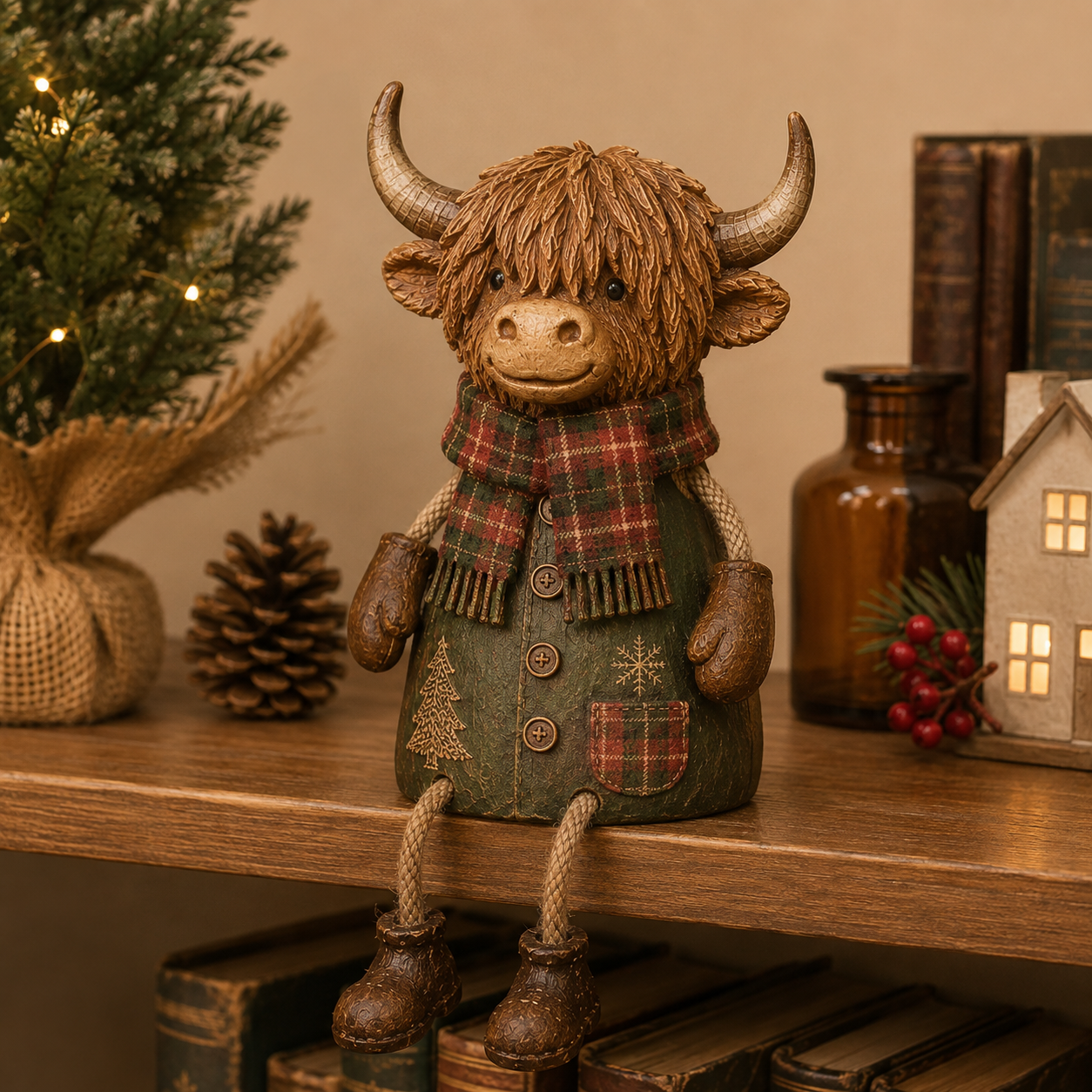 🐮Festive Highland Cow Shelf Sitter – Rustic Christmas Home Decor✨