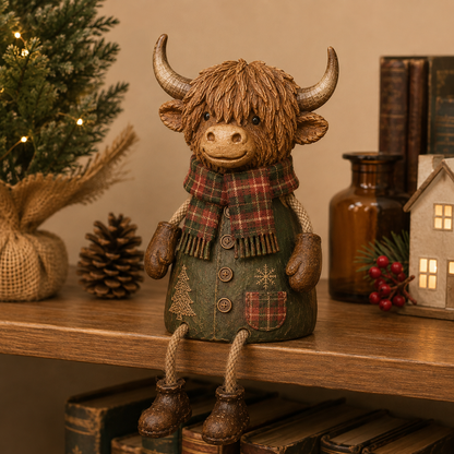 🐮Festive Highland Cow Shelf Sitter – Rustic Christmas Home Decor✨
