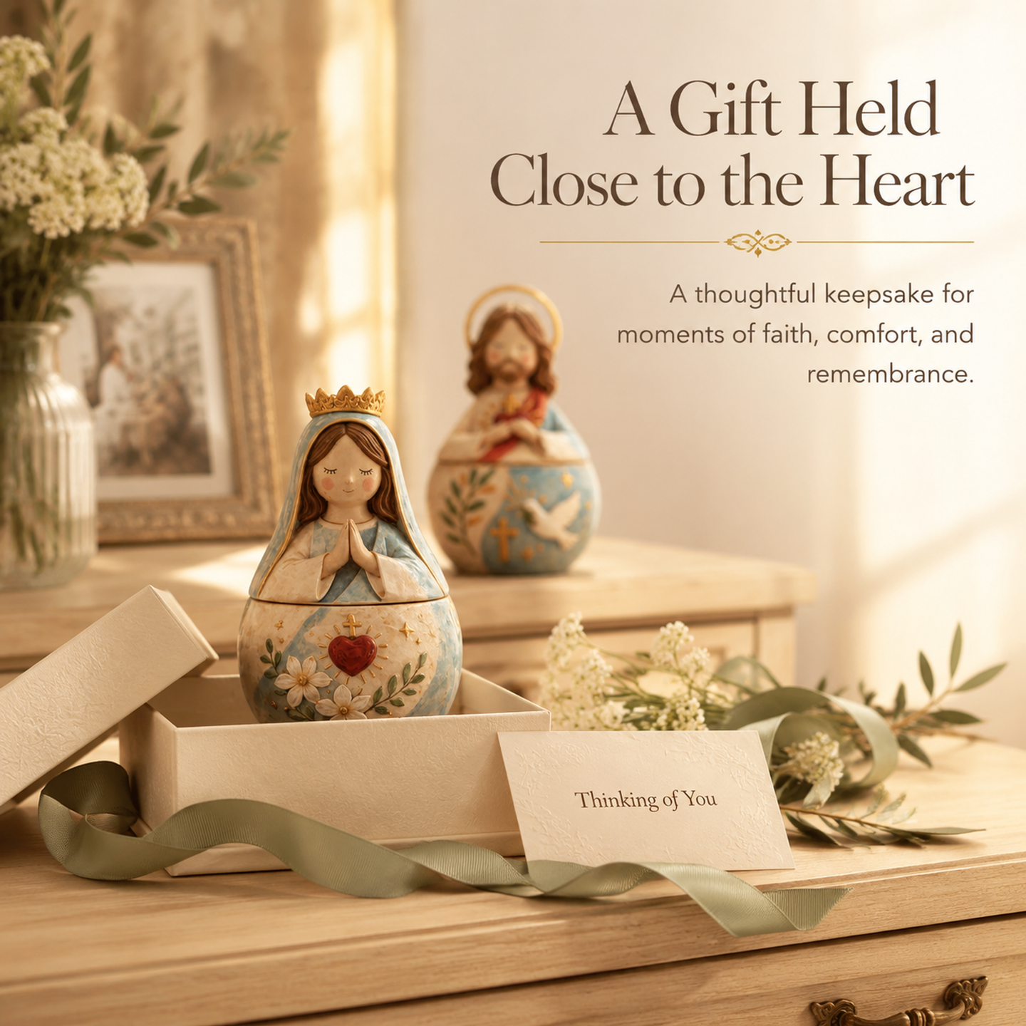 🌟 Divine Grace Collection: Hand-Painted Sacred Heart Jesus & Blessed Mary Keepsake Box