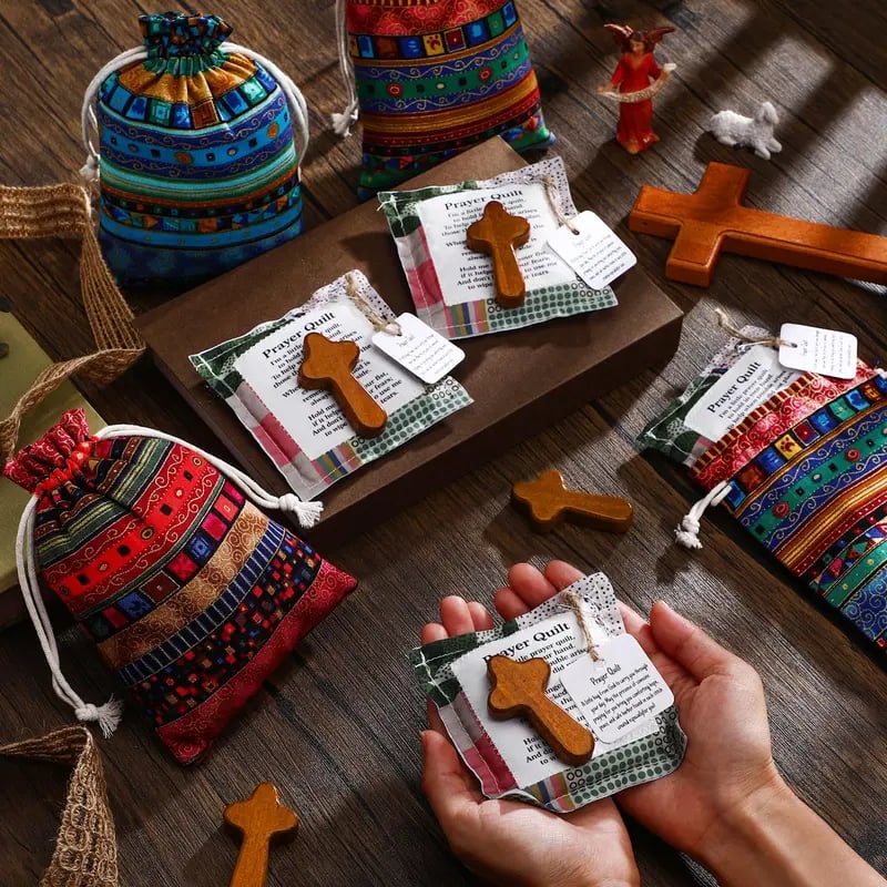 🎁Pocket Prayer Quilt Set | Mini Handmade Prayer Blankets with Cross & Drawstring Bag Christian Gifts✝️