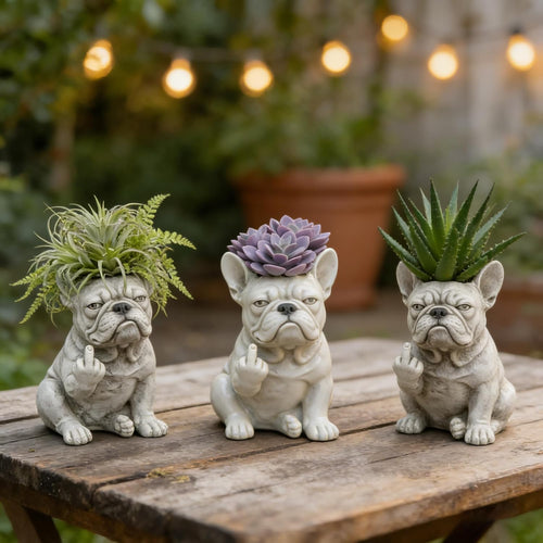Funny French Bulldog Planter – Middle Finger Resin Succulent Pot, Cheeky Dog Statue for Desk & Garden, Unique Gift for Dog & Plant Lovers