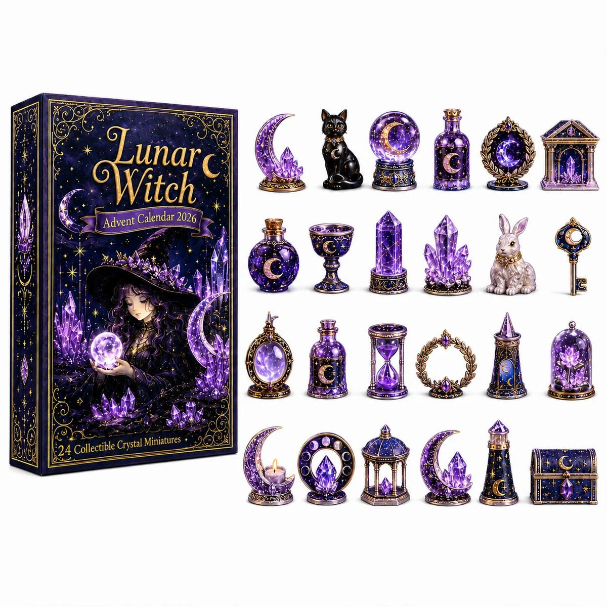 🔮Lunar Witch Advent Calendar 2026 – 24 Enchanted Crystal Miniatures for a Magical Moonlit Countdown