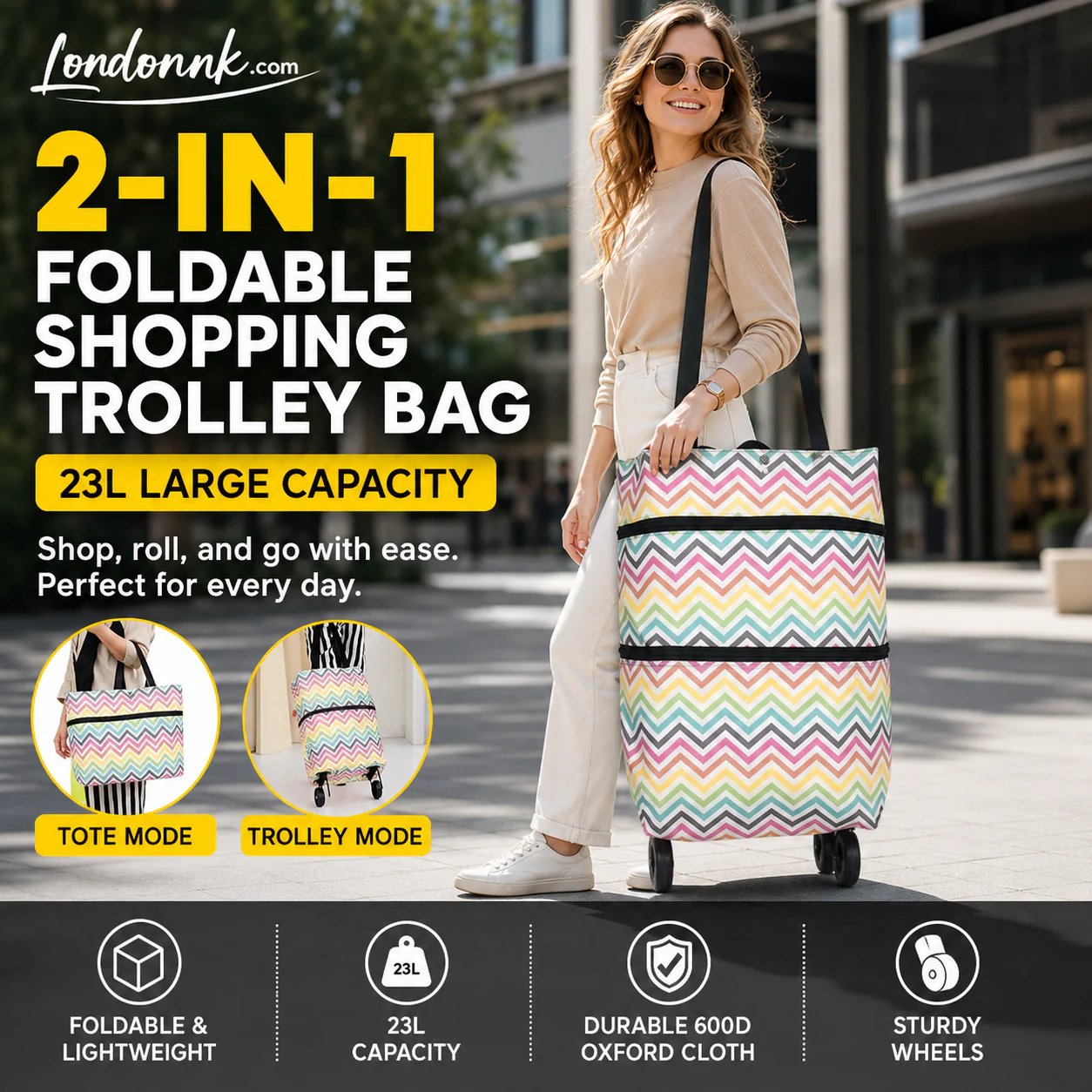 🛒 2-in-1 Foldable Rolling Shopping Trolley Bag -[49% OFF]- ✨ 23L Large Capacity Reduce Hand Strain