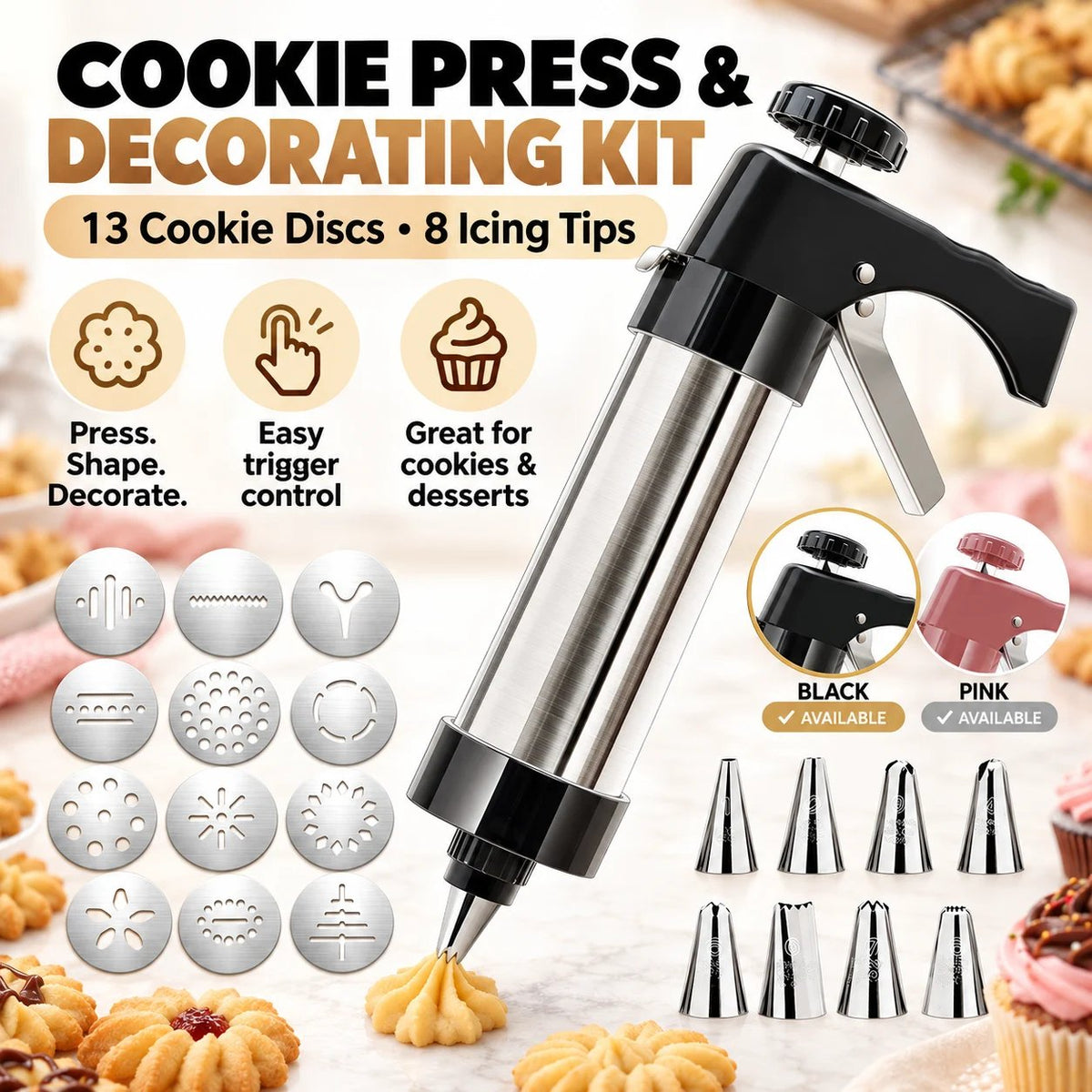 🍪 Stainless Steel Cookie Press & Decorating Kit | 13 Cookie Discs + 8 Icing Tips for Cookies, Cupcakes & Cakes 🧁