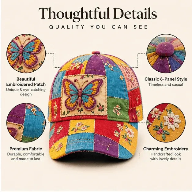 Close-up details of butterfly patch, floral embroidery and six-panel cap structure