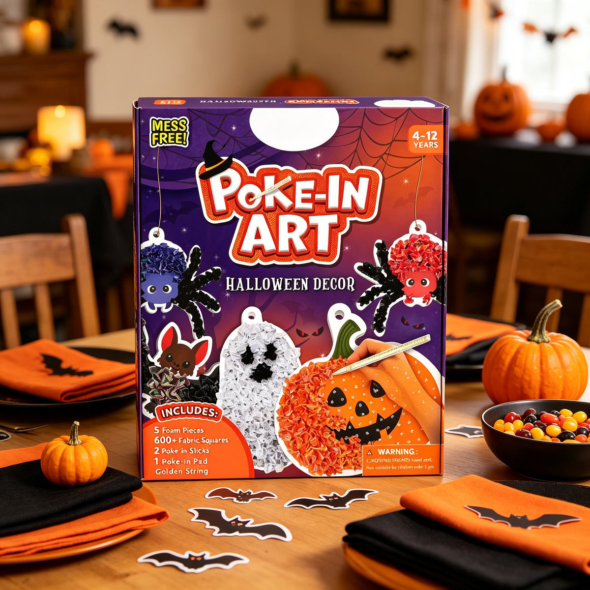 👻Halloween Poke In Art Kit, Kids Handmade Hanging Decor Craft Set with Pumpkin Ghost Bat Spider