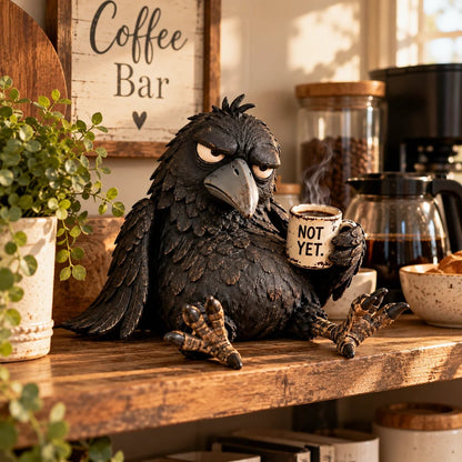 🐦‍⬛☕Grumpy Coffee Raven Figurine – “Not Yet” Funny Morning Decor😂(✨Buy 2 Free Shipping)