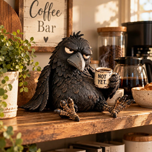 🐦‍⬛☕Grumpy Coffee Raven Figurine – “Not Yet” Funny Morning Decor😂(✨Buy 2 Free Shipping)