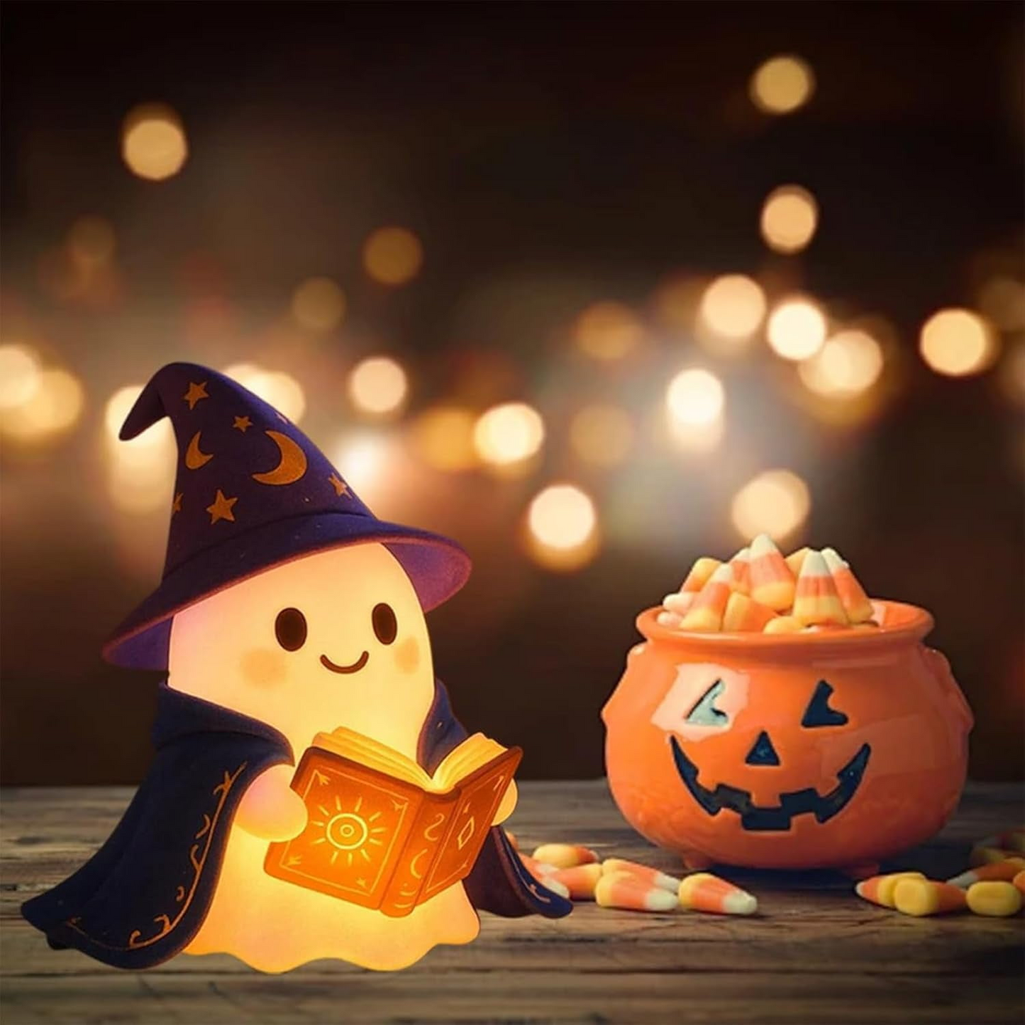 Wizard Reading Ghost LED Night Light Resin Cute Desk Lamp Portable Hallowee
