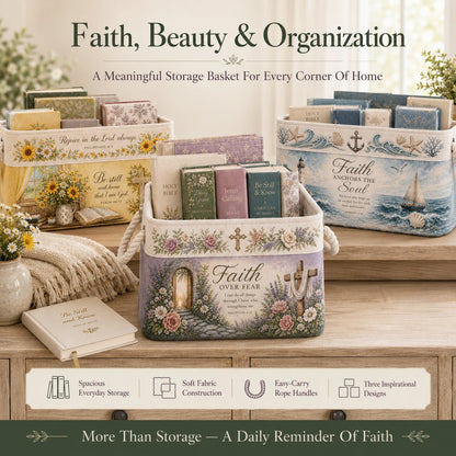 🔥 LAST DAY 49% OFF – ✝️ Christian Faith Inspirational Storage Basket | Spacious Foldable Fabric Organizer with Rope Handles & 3 Scripture Designs 🌿✨