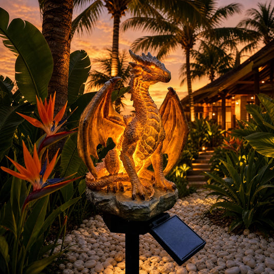 Lampe Solaire Dragon de Jardin – Décor Extérieur Fantaisie Cendres Dorées