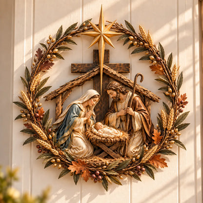 ✝️🍂 Autumn Nativity Cross Metal Wall Decor – Rustic Holy Family Harvest Wreath