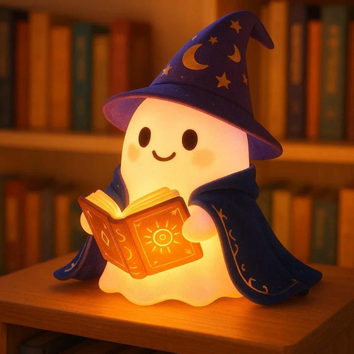 Wizard Reading Ghost LED Night Light Resin Cute Desk Lamp Portable Hallowee