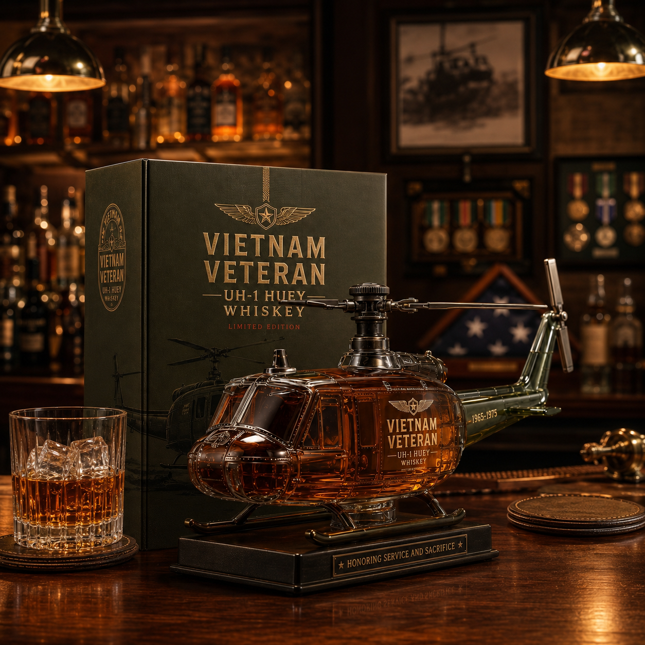 🇺🇸🚁Vietnam Veteran UH-1 Huey Helicopter 1965-1975 Whiskey Bottle