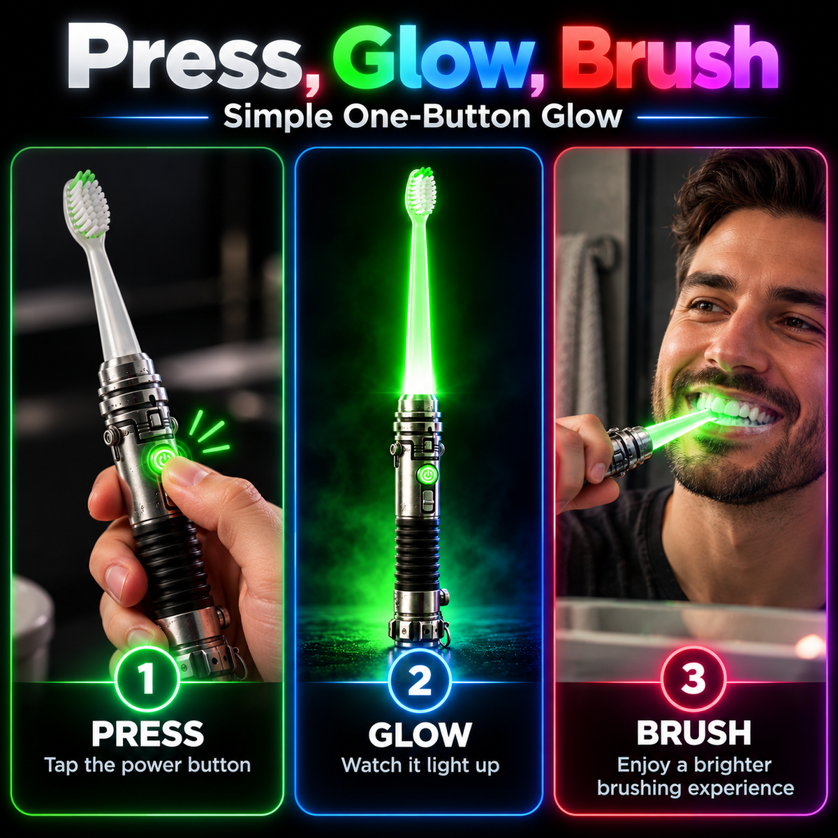 Press, glow and brush instructions for the light-up toothbrush