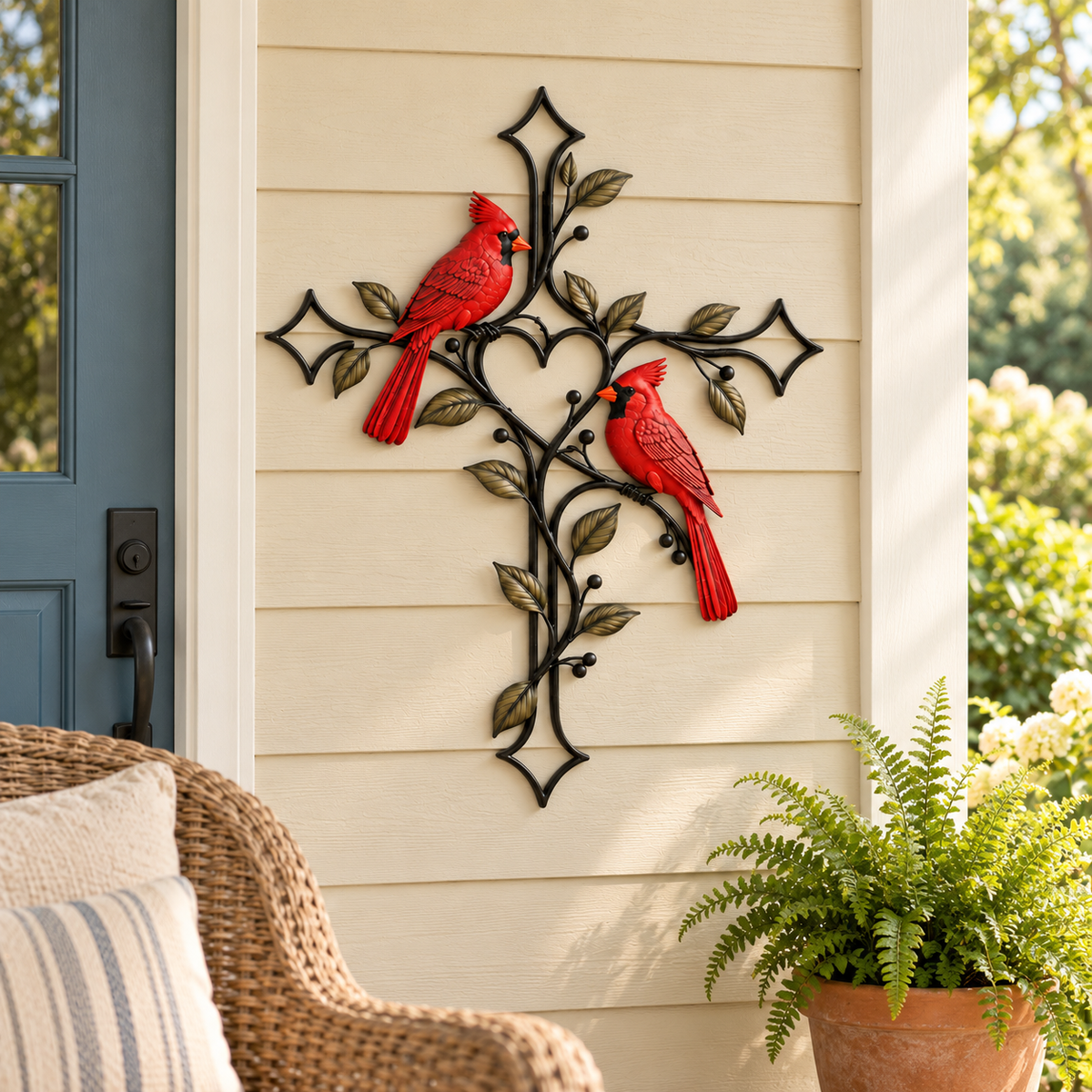 🐦❤️ Love Stays Close – Cardinal Heart Cross Wall Decor