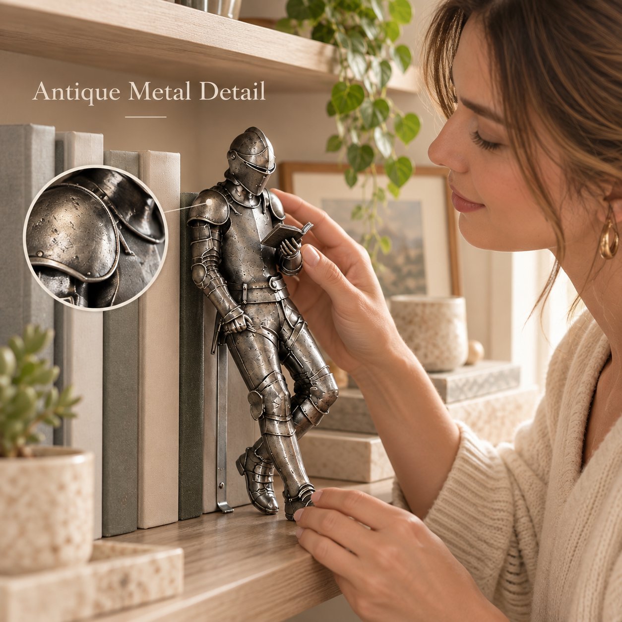🛡️ Reading Knight Bookend Statue | Antique Metal Finish Bookshelf Guardian, Novelty Decor Gift For Bibliophiles