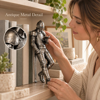 🛡️ Reading Knight Bookend Statue | Antique Metal Finish Bookshelf Guardian, Novelty Decor Gift For Bibliophiles