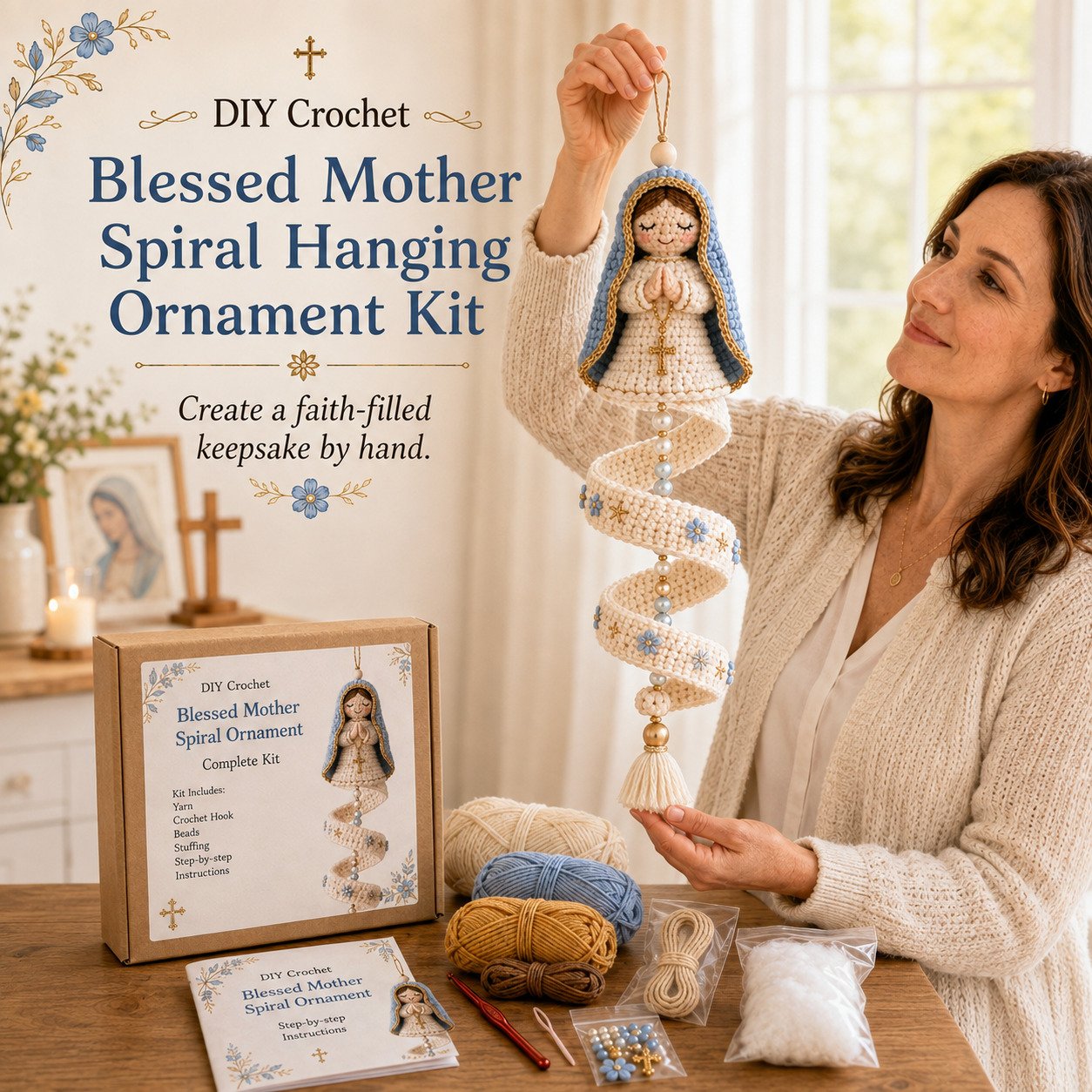 🔥LAST DAY 50% OFF - ✨ DIY Crochet Blessed Mother Spiral Hanging Ornament Kit – Handcraft a Heavenly Keepsake 🙏🧶