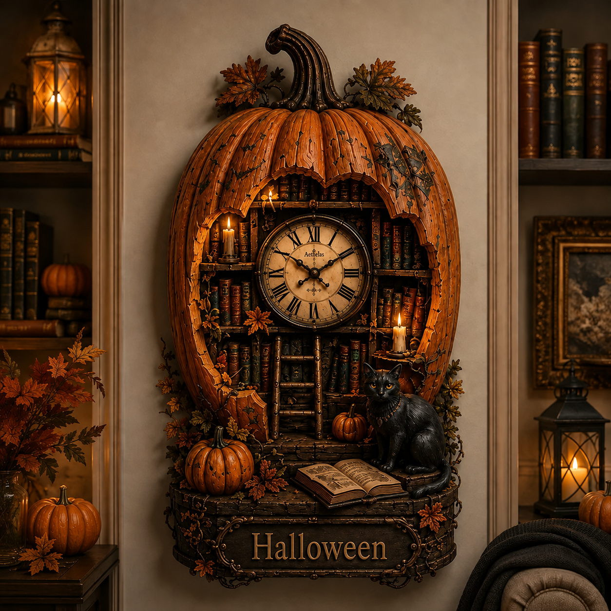 Halloween Pumpkin Library Wall Clock – Gothic Vintage Decor