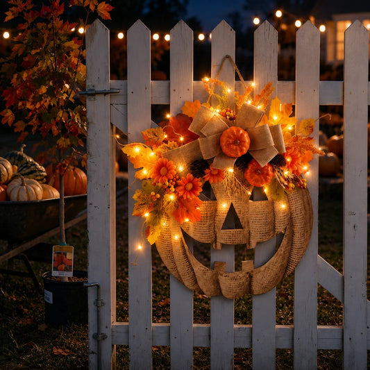 ⚡Ventes flash 49 % de réduction🎃✨ Couronne de citrouille lumineuse en toile de jute