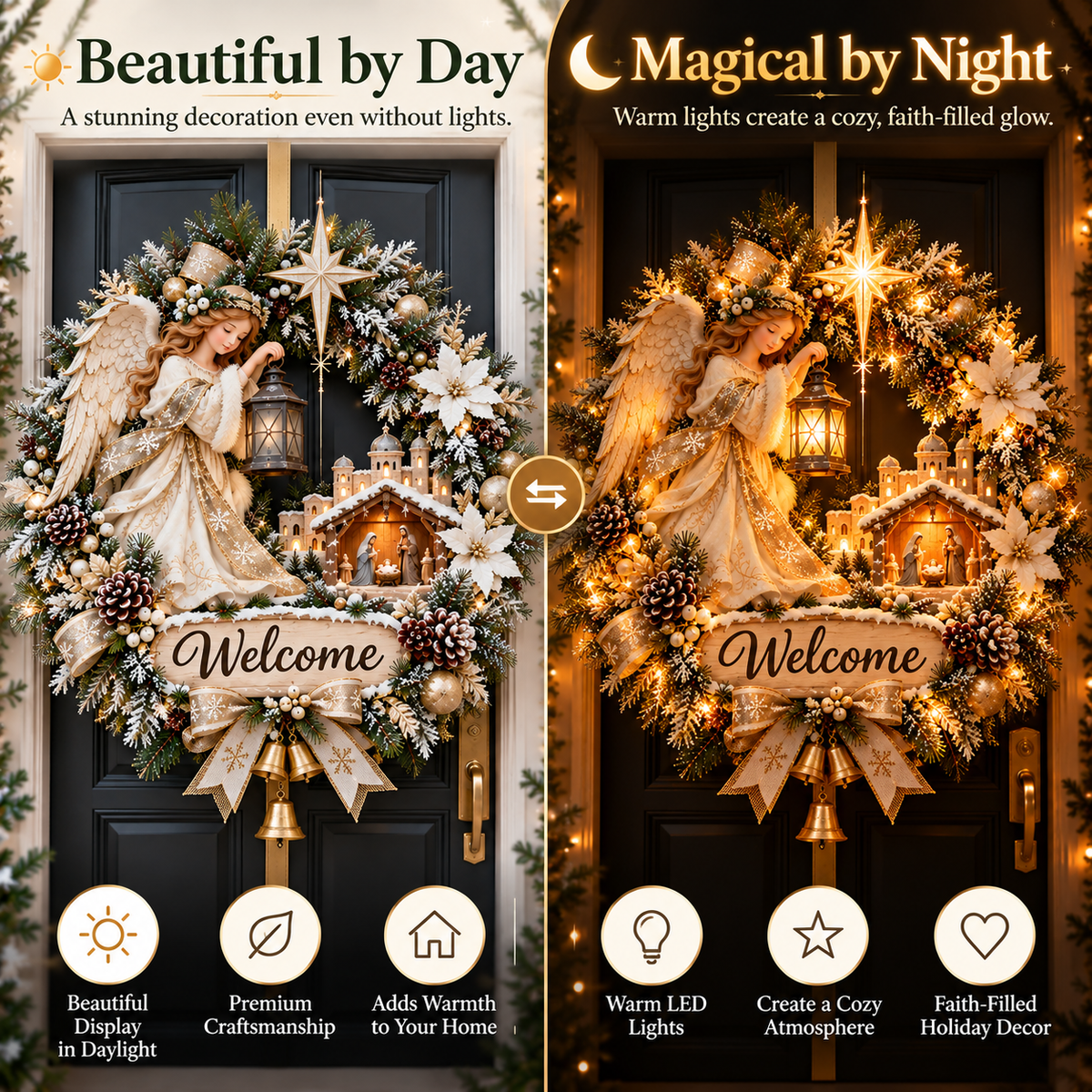Day and night view of the same angel Bethlehem Christmas door wreath