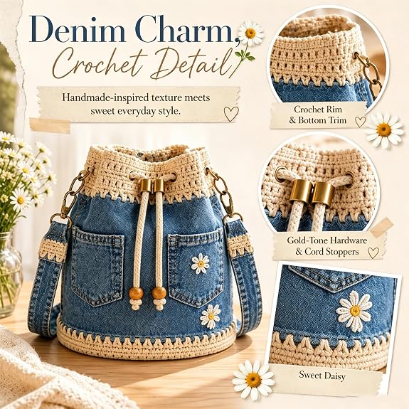 Handmade Denim Crochet Bucket Bag – Daisy-Embroidered Drawstring Crossbody Bag