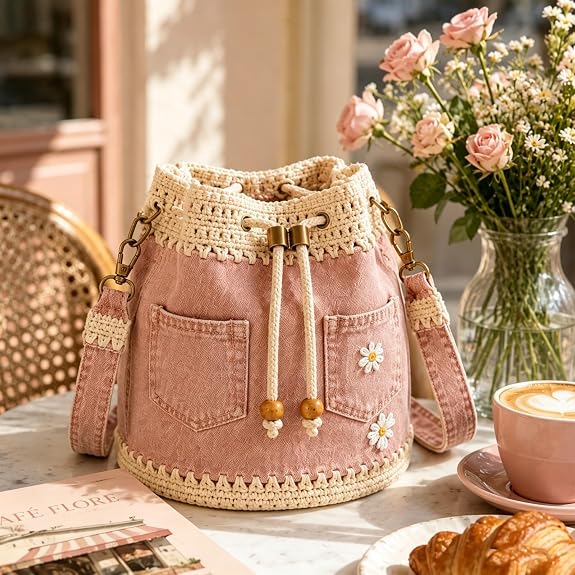 Handmade Denim Crochet Bucket Bag – Daisy-Embroidered Drawstring Crossbody Bag