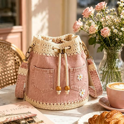 Handmade Denim Crochet Bucket Bag – Daisy-Embroidered Drawstring Crossbody Bag