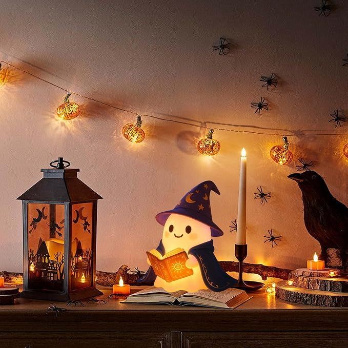 Wizard Reading Ghost LED Night Light Resin Cute Desk Lamp Portable Hallowee