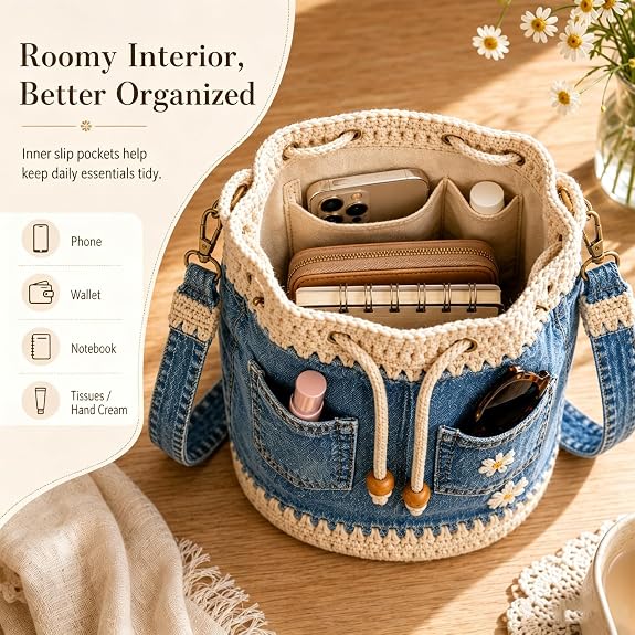 Handmade Denim Crochet Bucket Bag – Daisy-Embroidered Drawstring Crossbody Bag