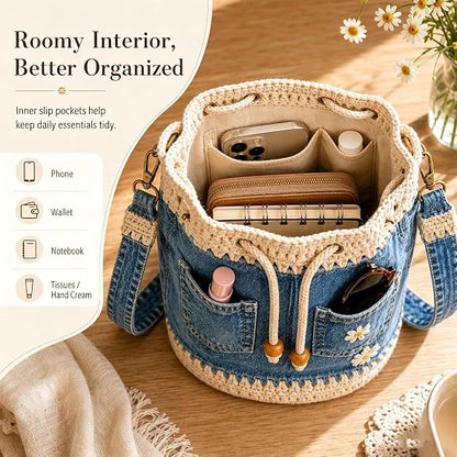 Handmade Denim Crochet Bucket Bag – Daisy-Embroidered Drawstring Crossbody Bag