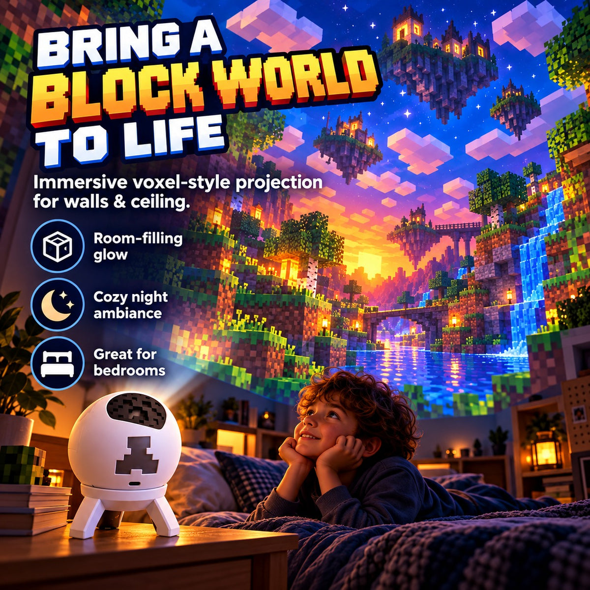Pixel Fantasy Scene Projector displaying a colorful block-style fantasy world