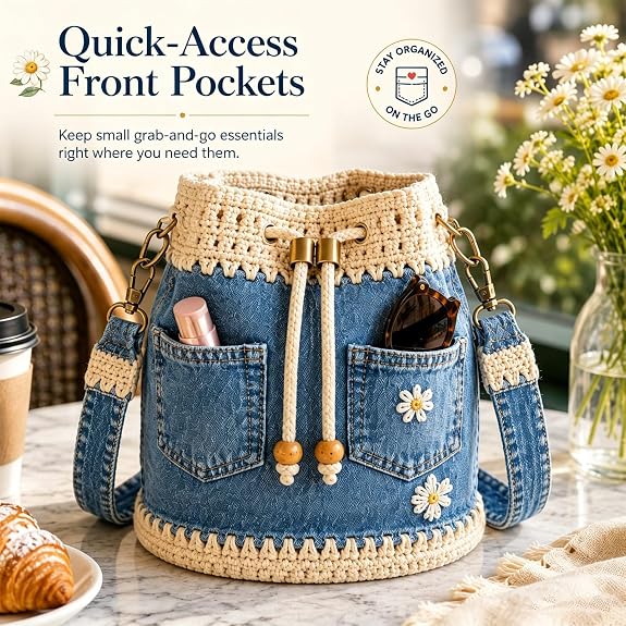Handmade Denim Crochet Bucket Bag – Daisy-Embroidered Drawstring Crossbody Bag